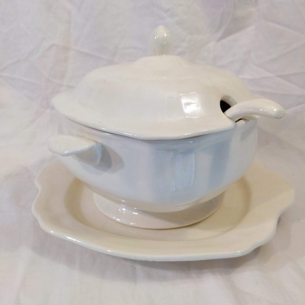 Vintage Cream Ceramic Soup Tureen Set with Lid Ladle and Underplate Scalloped